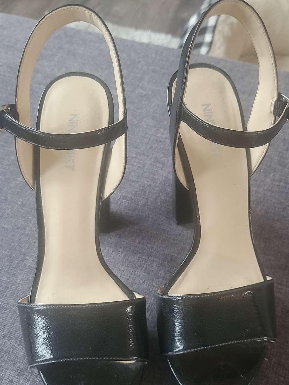 Nine West Black Patent Block Heel Sandals with Ankle Strap